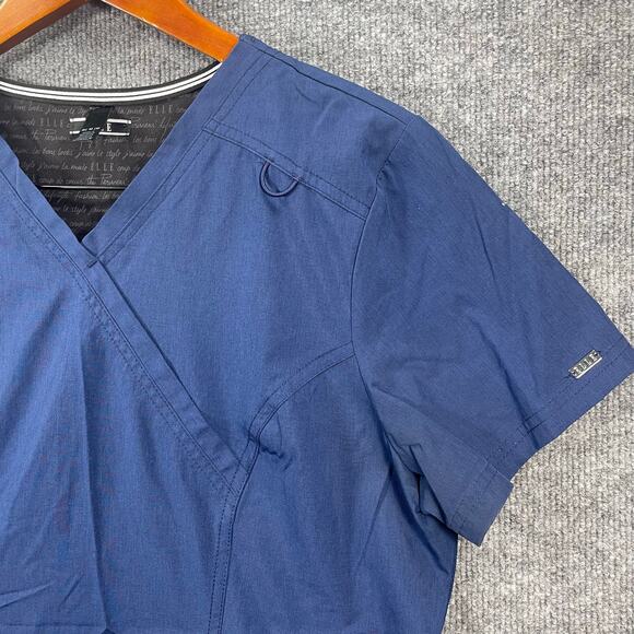Elle Mock Wrap Scrub Top Women's Medium Blue Zip Pocket Medical Nursing - Picture 2 of 12